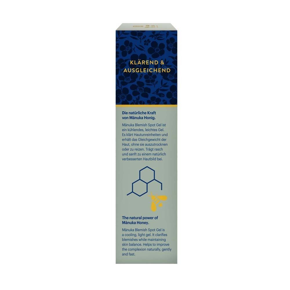 Rückseite der Schachtel. Text: Die natürliche Kraft von Manuka Honig. Text: Klärend & Ausgleichend. Logo und Text: Manuka Health.