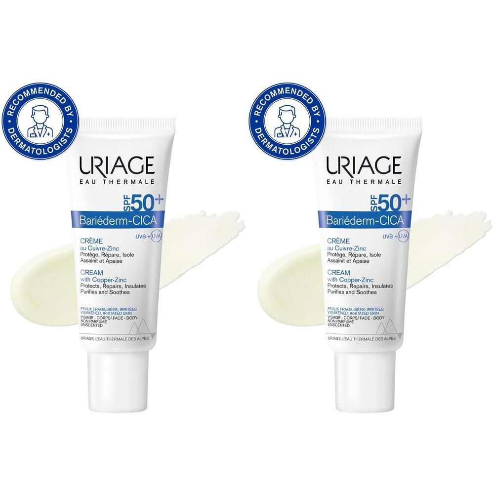 Zwei Tuben URIAGE® Bariéderm Cica-Creme SPF 50+ mit Dermatologen-Empfehlung. Weiße Tuben, blaue Akzente.