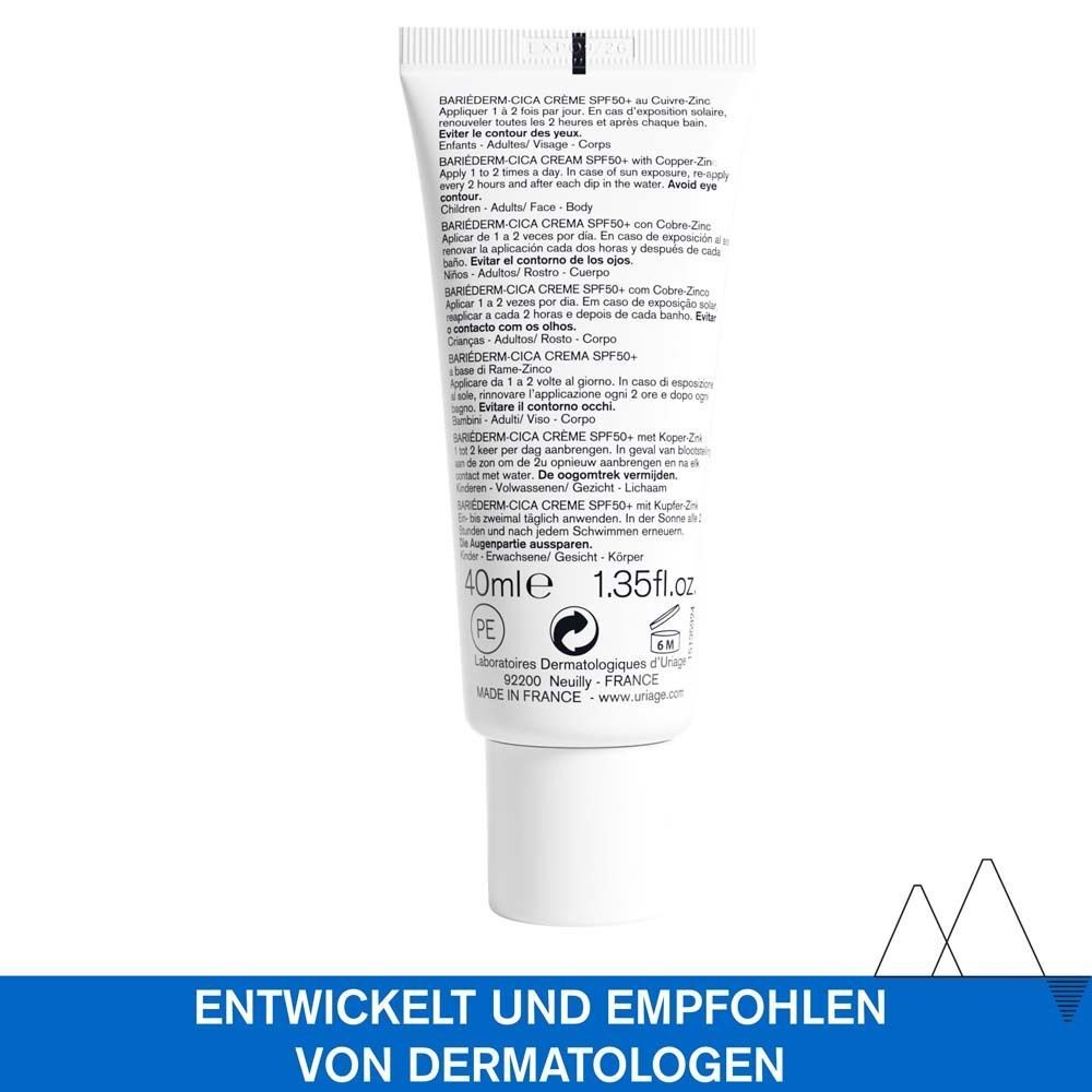 Rückseite der URIAGE® Bariéderm Cica-Creme SPF 50+ Tube. Text in mehreren Sprachen, 40ml, 1.35 fl.oz.