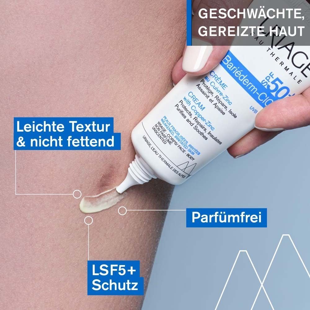 URIAGE® Bariéderm-Cica Creme SPF 50+ wird auf Haut aufgetragen. Text: Leichte Textur & nicht fettend, parfümfrei.