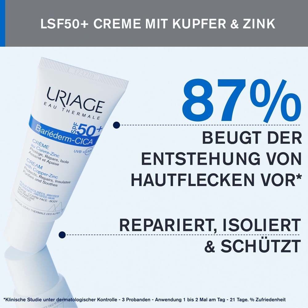 URIAGE® Bariéderm-Cica Creme SPF 50+ Tube. Text: 87% beugt der Entstehung von Hautflecken vor. Repariert, isoliert & schützt.