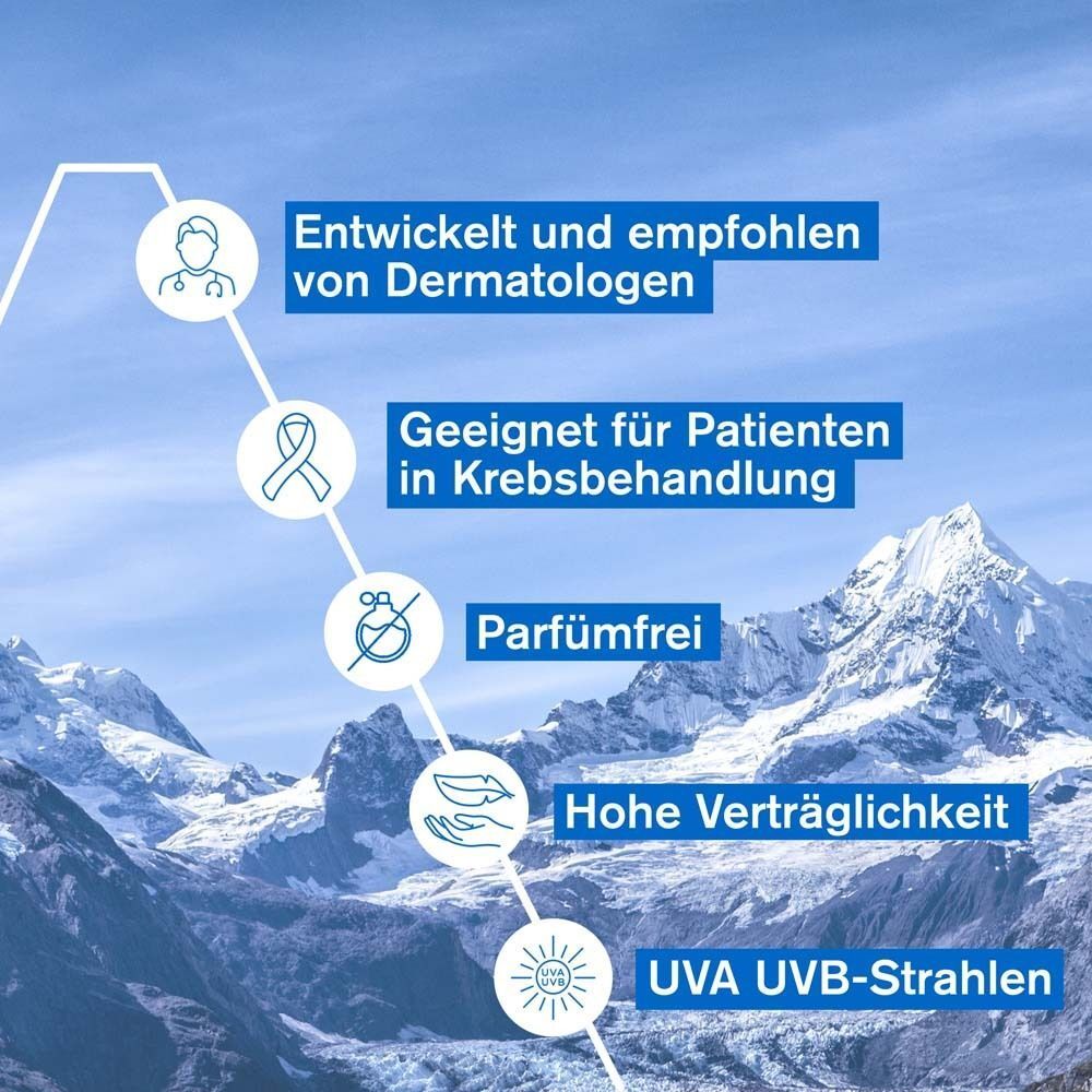 Grafik mit Vorteilen der URIAGE® Bariéderm-Cica Creme SPF 50+. Dermatologisch entwickelt, geeignet für Krebspatienten, parfümfrei.