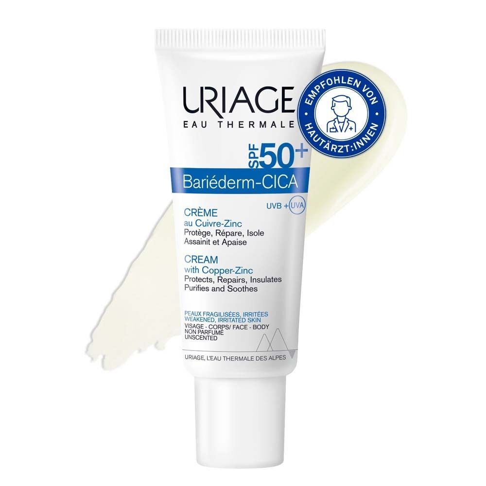 URIAGE® Bariéderm-Cica Creme SPF 50+ Tube. Weiße Creme, Dermatologen-Empfehlung. SPF 50+.