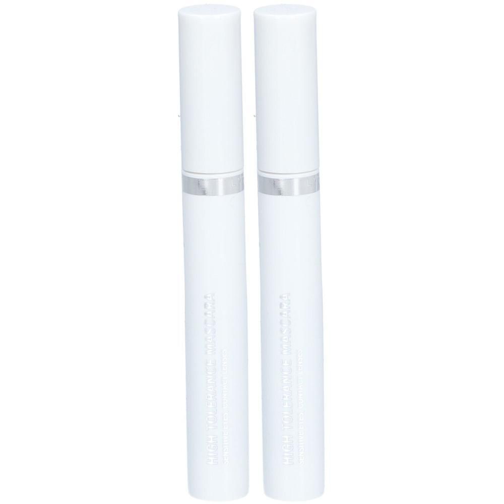 Zwei weiße Mascarastifte mit silbernen Ringen. Aufschrift auf dem Stift.