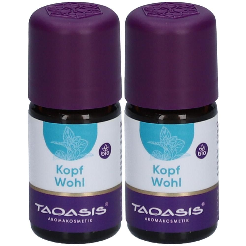 Zwei kleine Flaschen mit lila Deckeln. Auf den Etiketten steht "Kopf Wohl" und "TAOASIS". Bio-Siegel.