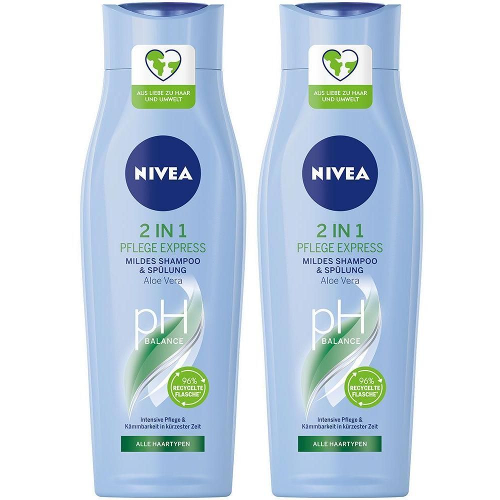 Zwei blaue Flaschen NIVEA 2in1 Pflege Express Shampoo & Spülung. Mit grünen Logos und Text. Oben: Herz-Logo. Unten: pH Balance.