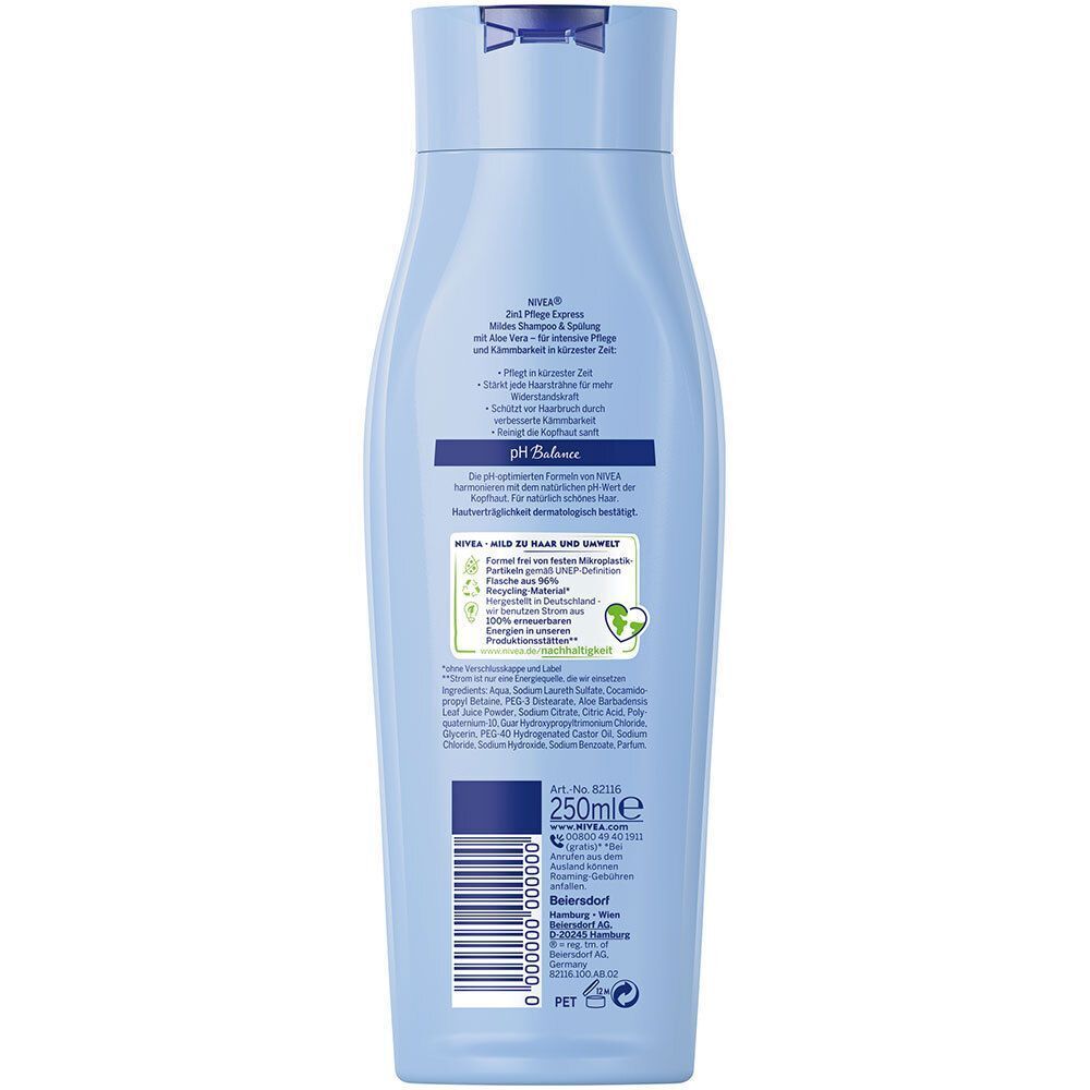 Rückseite einer blauen Flasche NIVEA 2in1 Pflege Express Shampoo & Spülung. Text und Logos. Unten: Barcode und Angaben zur Herstellung.