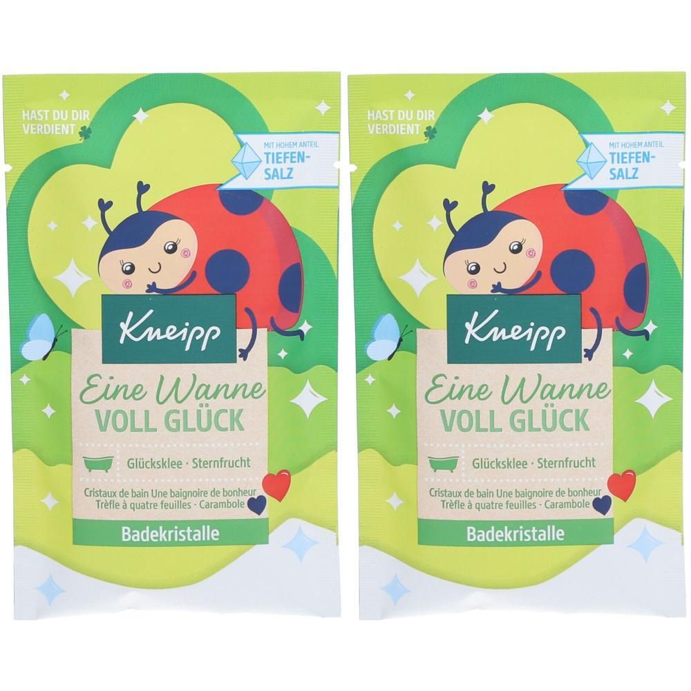 Zwei Beutel Badekristalle. Aufdruck: Kneipp, Eine Wanne VOLL GLÜCK, Glücksklee, Sternfrucht. Abbildung eines Marienkäfers.