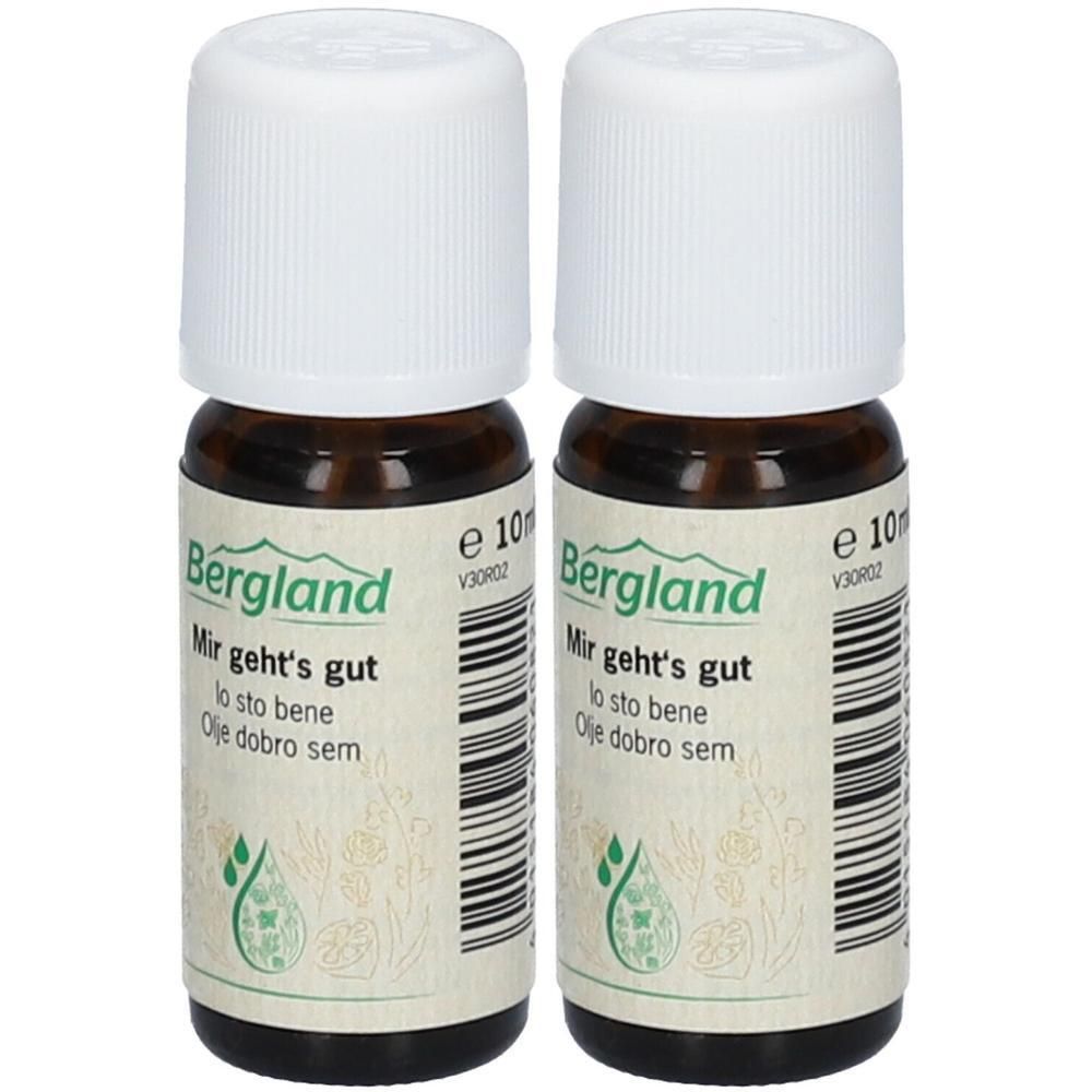Zwei kleine braune Glasflaschen mit weißen Schraubverschlüssen, jeweils 10ml. Etikett mit "Bergland Mir geht's gut".