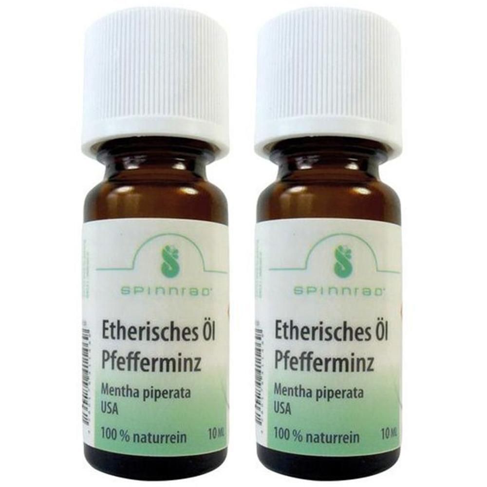 Zwei braune Glasflaschen mit weißem Deckel. Auf den Etiketten steht "Etherisches Öl Pfefferminz" und "100% naturrein".