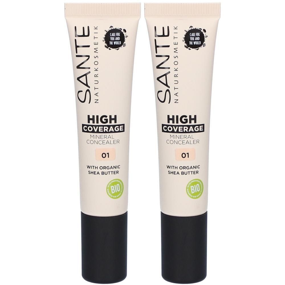 Zwei Tuben Concealer. Aufschrift: SANTE, HIGH COVERAGE, Mineral Concealer 01, mit Bio-Siegel. Schwarzer Verschluss.