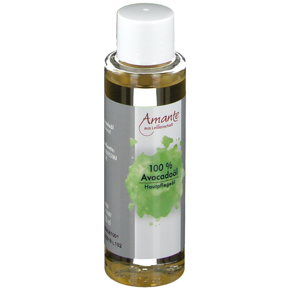 Flasche Avocadoöl. Weiße Kappe, transparente Flasche mit Etikett. Aufschrift: Amante, 100% Avocadoöl.