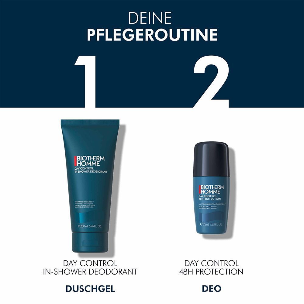 Pflegeroutine. Links: Duschgel, blau. Rechts: Roll-on-Deo, blau. Text: BIOTHERM HOMME, DAY CONTROL, 48H PROTECTION.