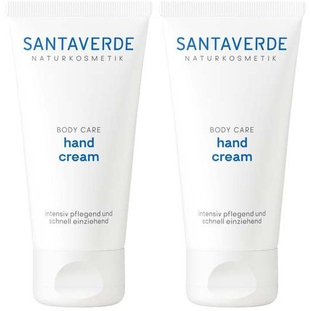 Zwei weiße Tuben Handcreme. Aufschrift: SANTAVERDE, Hand Cream. Text: intensiv pflegend und schnell einziehend.