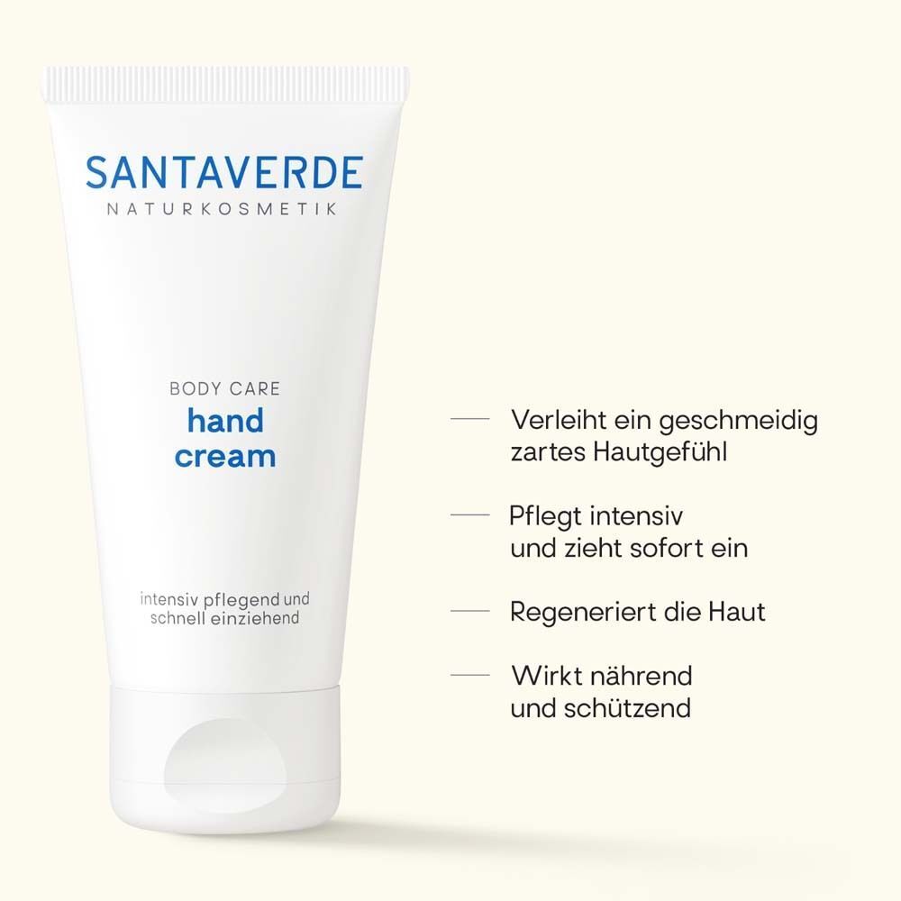 Weiße Tube Handcreme. Aufschrift: SANTAVERDE, Hand Cream. Text: intensiv pflegend und schnell einziehend. Text: Verleiht ein geschmeidig zartes Hautgefühl.