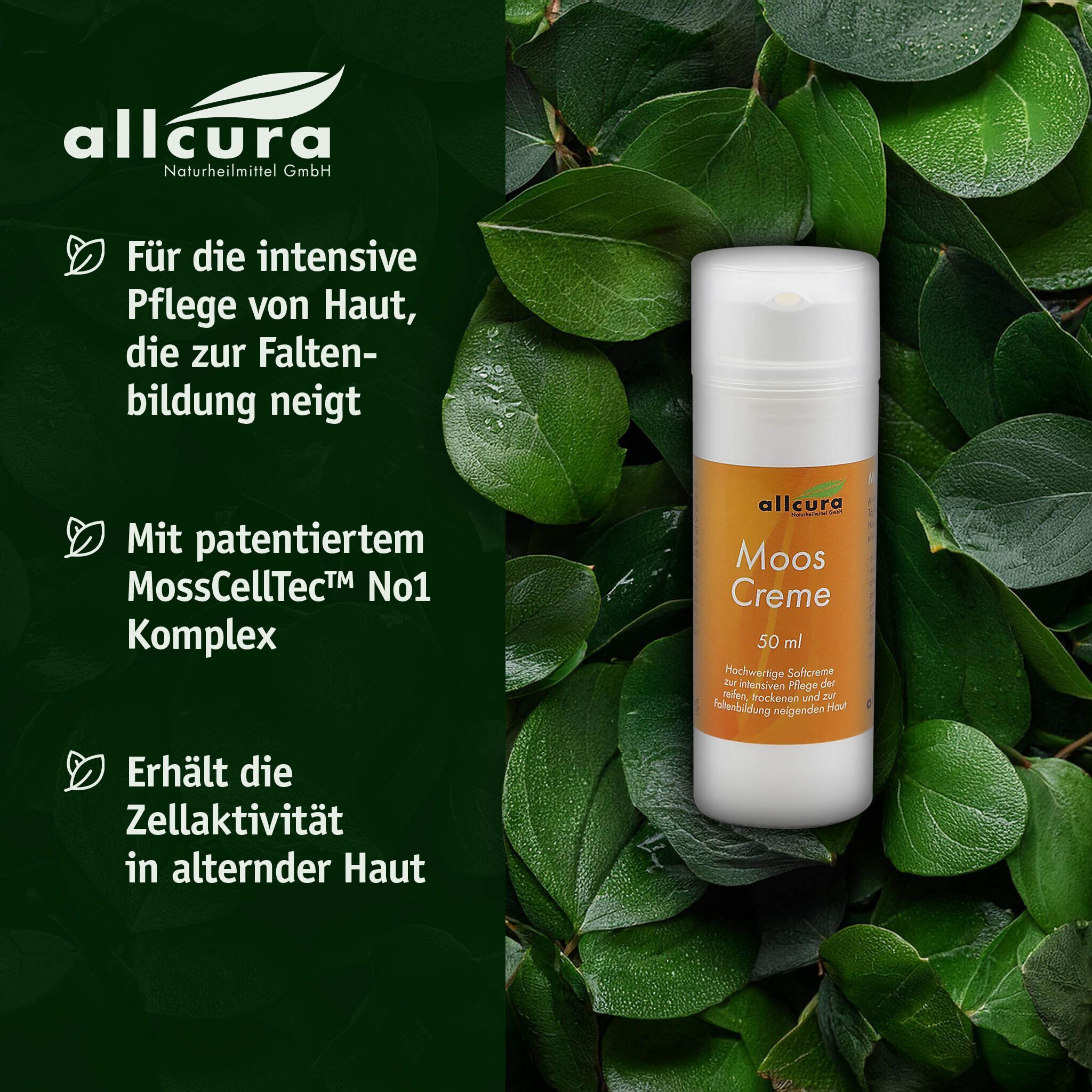 Weiße Pumpflasche mit orangefarbenem Etikett. Aufschrift: allcura Moos Creme, 50 ml. Umgeben von Blättern.