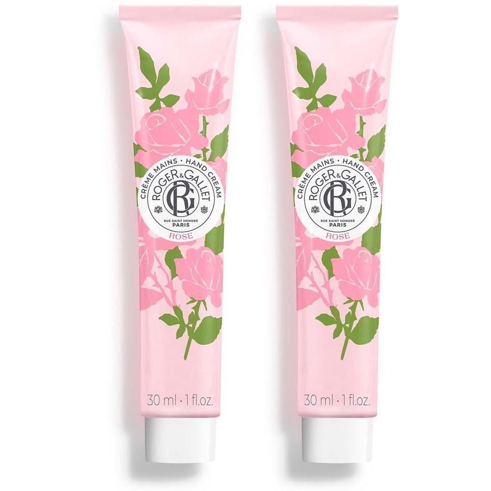 Zwei rosa Handcreme-Tuben mit Rosen-Dekor. Aufschrift: "Crème Mains Hand Cream Rose". Unten: "30 ml - 1 fl.oz."