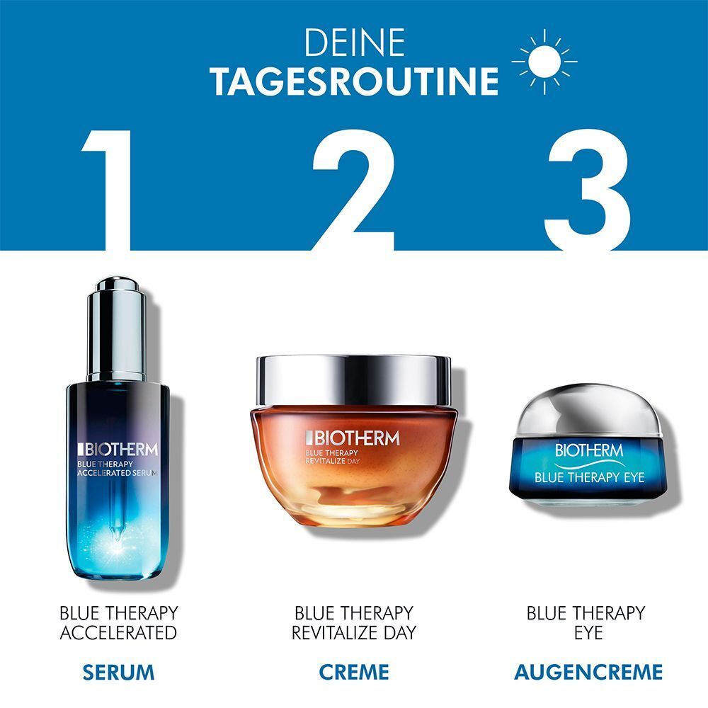 Drei Produkte: BIOTHERM Blue Therapy Accelerated Serum, Revitalize Day Creme, Blue Therapy Eye Augencreme. Text.