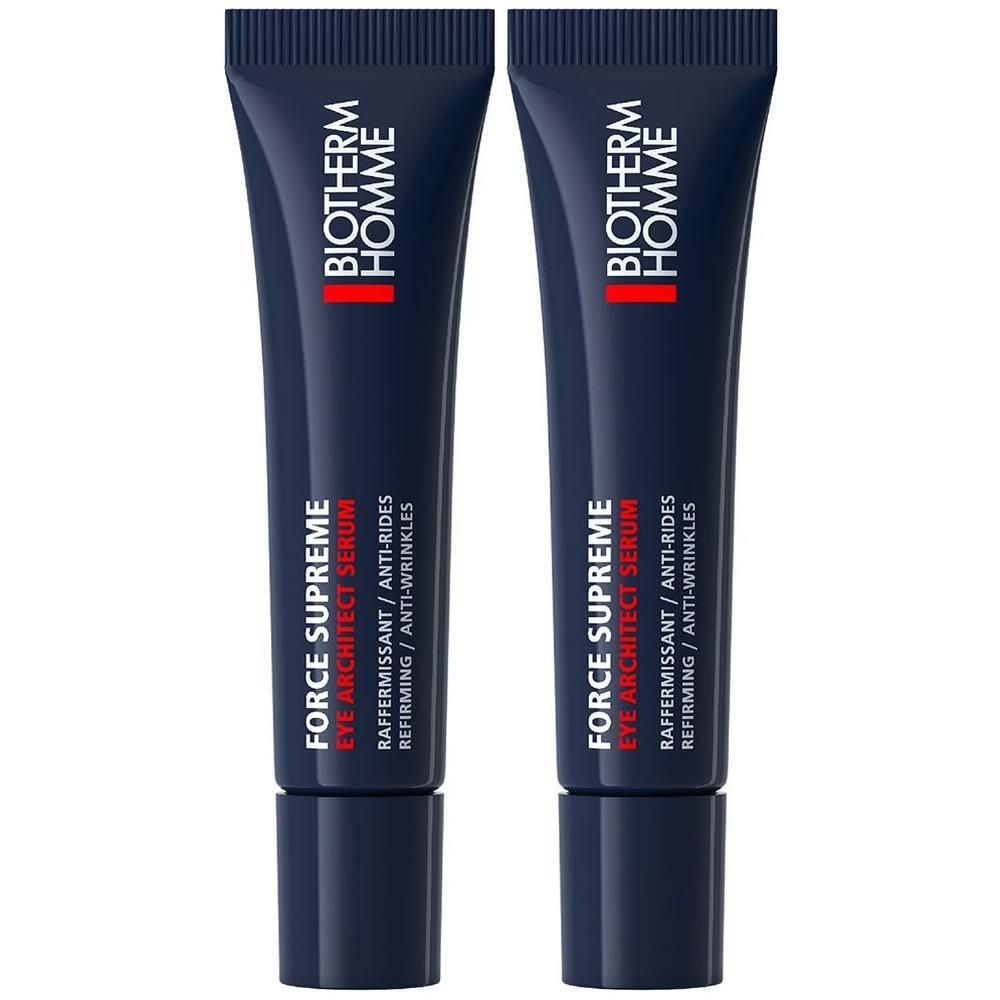Zwei Tuben BIOTHERM Force Supreme Eye Architect Serum. Blaue Tuben mit schwarzem Verschluss. Text: Force Supreme, Anti-Falten.