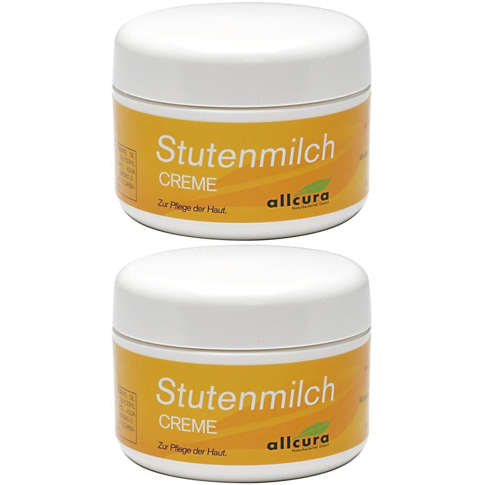 Zwei Tiegel allcura Stutenmilch-Creme. Weiße Deckel, gelbe Etiketten mit Schriftzug. Aufschrift: Stutenmilch Creme, zur Pflege der Haut.