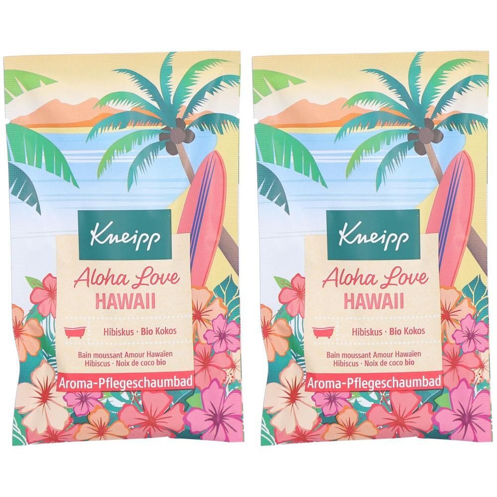 Zwei Beutel KNEIPP Aroma-Pflegeschaumbad Aloha Love HAWAII. Verpackung mit Palmen, Surfbrett und Blumen. Text: Aloha Love HAWAII, Hibiskus, Bio Kokos.