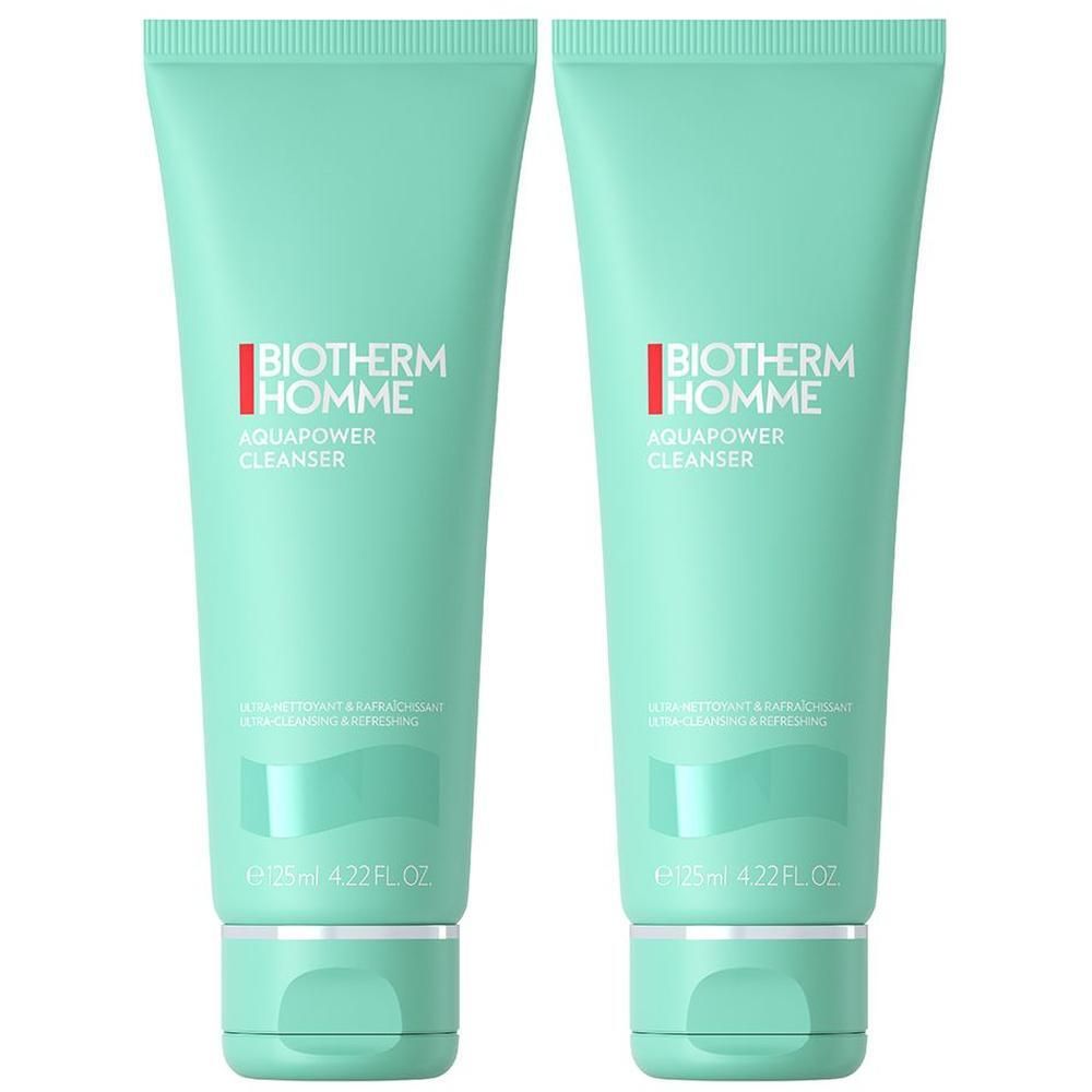 Zwei Tuben BIOTHERM HOMME Aquapower Cleanser Gel. Türkisgrüne Farbe, weißer Schriftzug. Aufschrift: 125ml 4.22 fl. oz.
