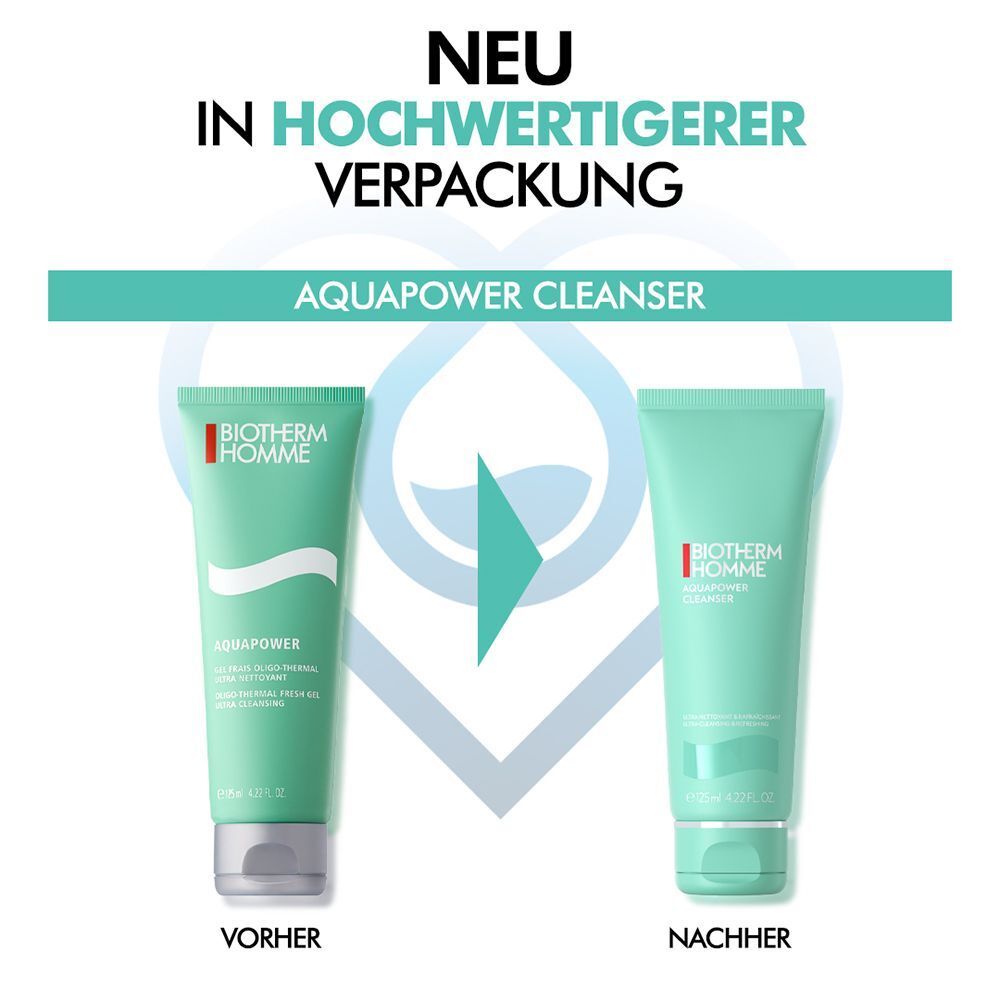 Vergleich der Verpackung von Aquapower Cleanser. Links: alte Verpackung. Rechts: neue Verpackung. Text: NEU IN HOCHWERTIGERER VERPACKUNG.