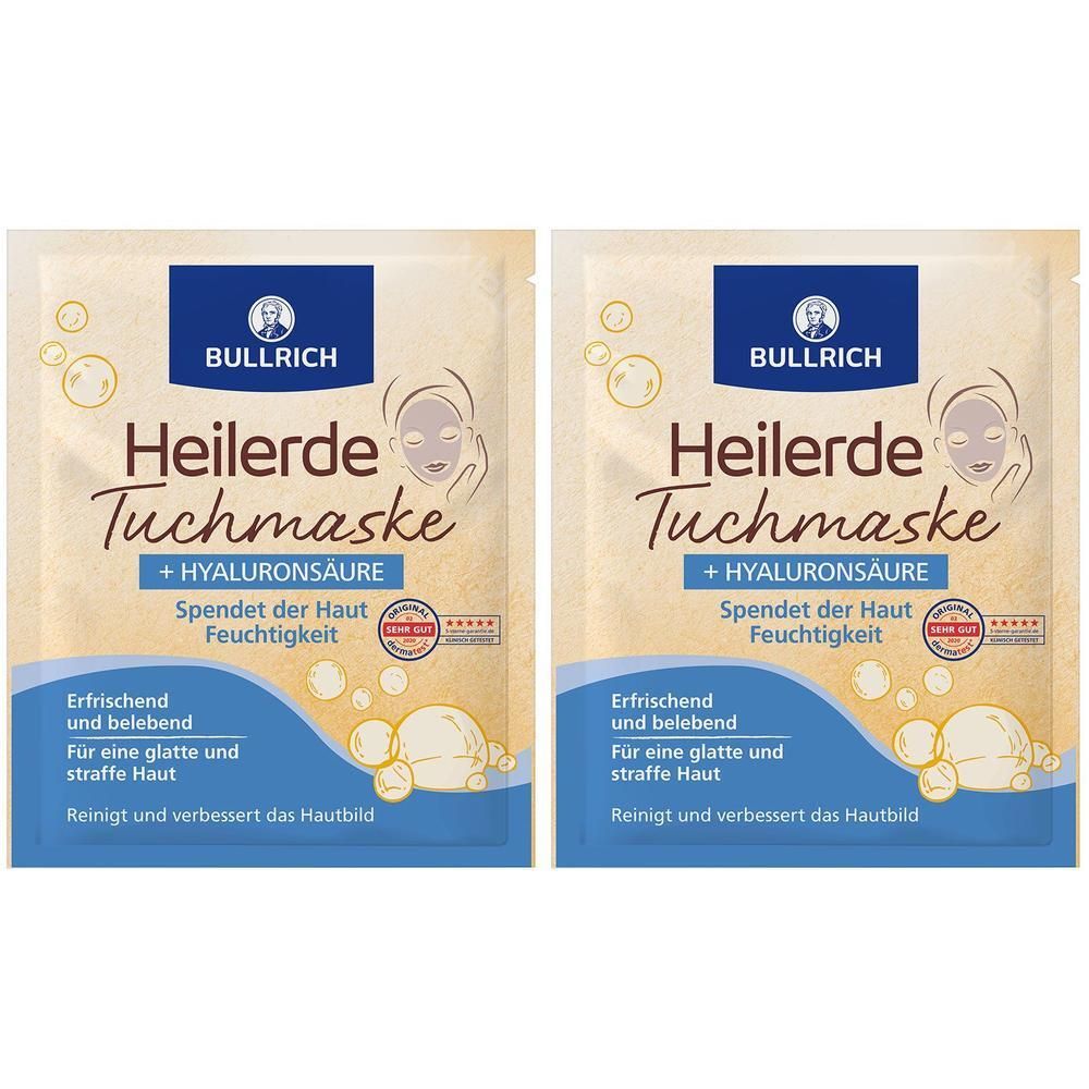 Zwei quadratische Beutel. Aufschrift: BULLRICH Heilerde Tuchmaske + Hyaluronsäure. Text: Erfrischend und belebend. Für glatte Haut. Reinigt und verbessert das Hautbild.