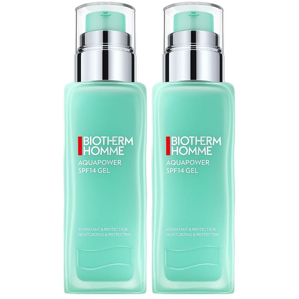 Zwei rechteckige Flaschen mit grünem Gel und silbernen Pumpköpfen. Auf jeder Flasche steht "BIOTHERM HOMME AQUAPOWER SPF14 GEL".