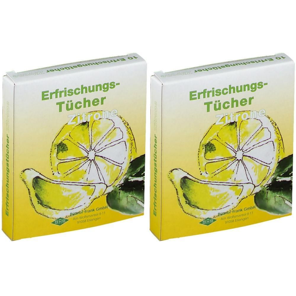 Zwei Schachteln mit Zitronen-Motiv. Aufschrift: Erfrischungs-Tücher. Abbildung einer Zitrone. Gelbe und grüne Farben.