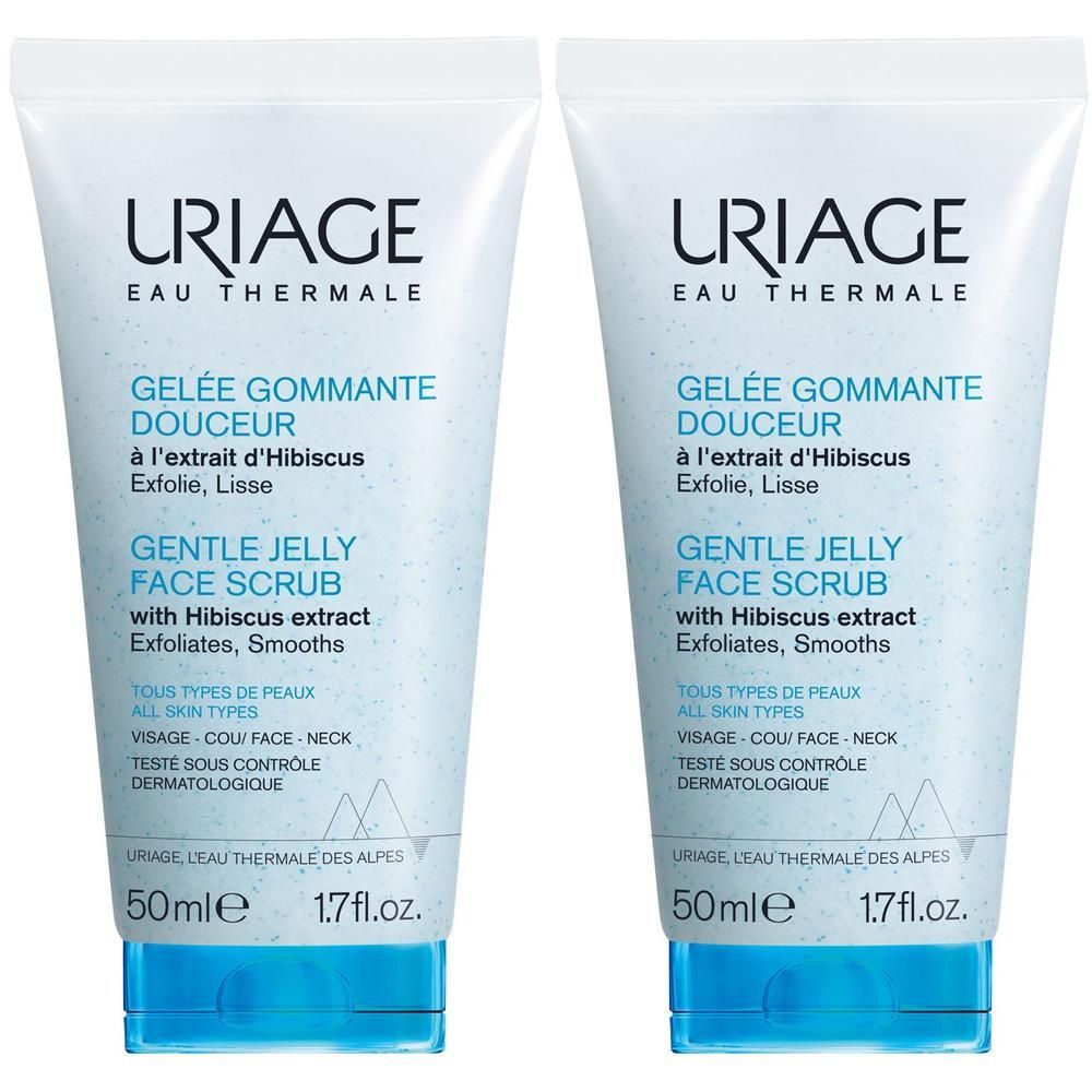 Zwei Tuben mit blau-weißer Aufmachung. Aufschrift: URIAGE, GELLE GOMMANTE DOUCEUR, 50ml, 1.7 fl.oz.