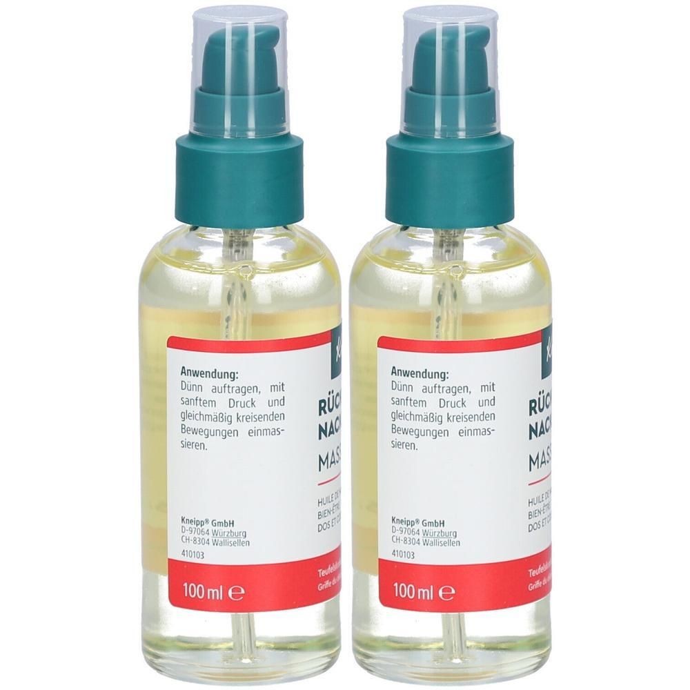 Zwei Glasflaschen mit grünem Pumpkopf. Aufschrift: Rücken & Nacken Massageöl. 100 ml.