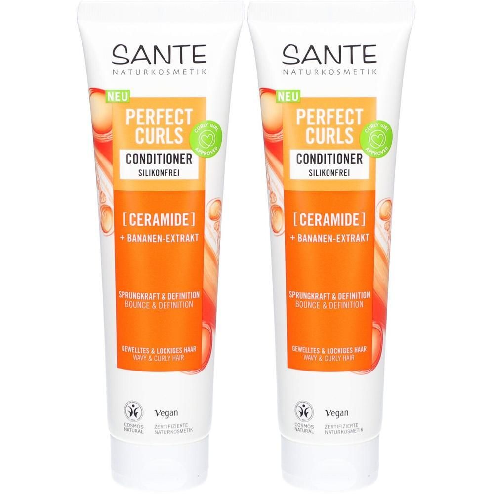 Zwei Tuben SANTE Perfect Curls Conditioner. Weiß, mit orangefarbenen und grünen Akzenten. Text: Perfect Curls, Conditioner, Silikonfrei, Vegan.