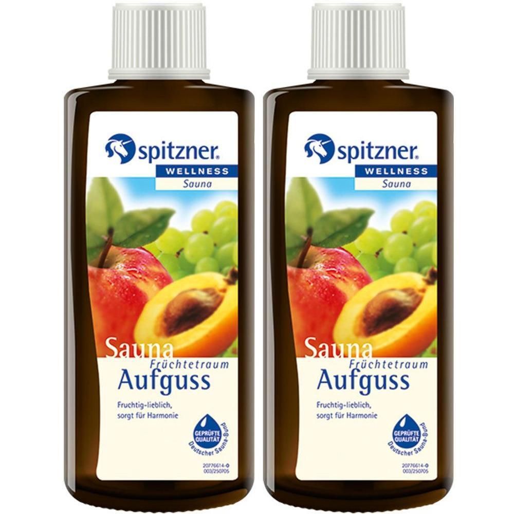 Zwei braune Flaschen mit weißem Deckel. Auf dem Etikett: Spitzner Wellness Sauna Aufguss Früchtetraum. Abbildung von Früchten.