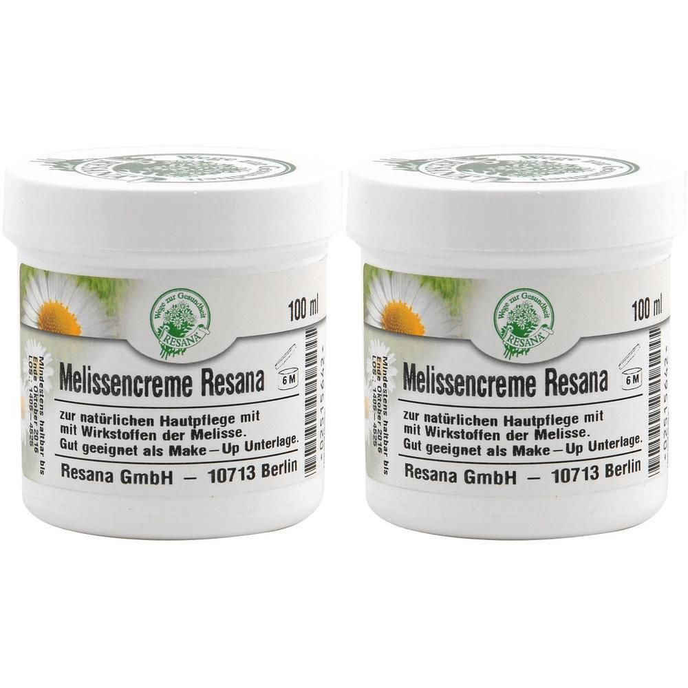 Zwei weiße Tiegel mit Deckel. Aufschrift: Melissencreme Resana. Text in deutscher Sprache. Logo mit Blume. 100 ml.