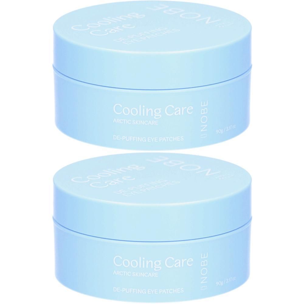 Zwei hellblaue Tiegel mit Deckel. Aufschrift: Cooling Care, Arctic Skincare, De-Puffing Eye Patches. Marke: NOBE.