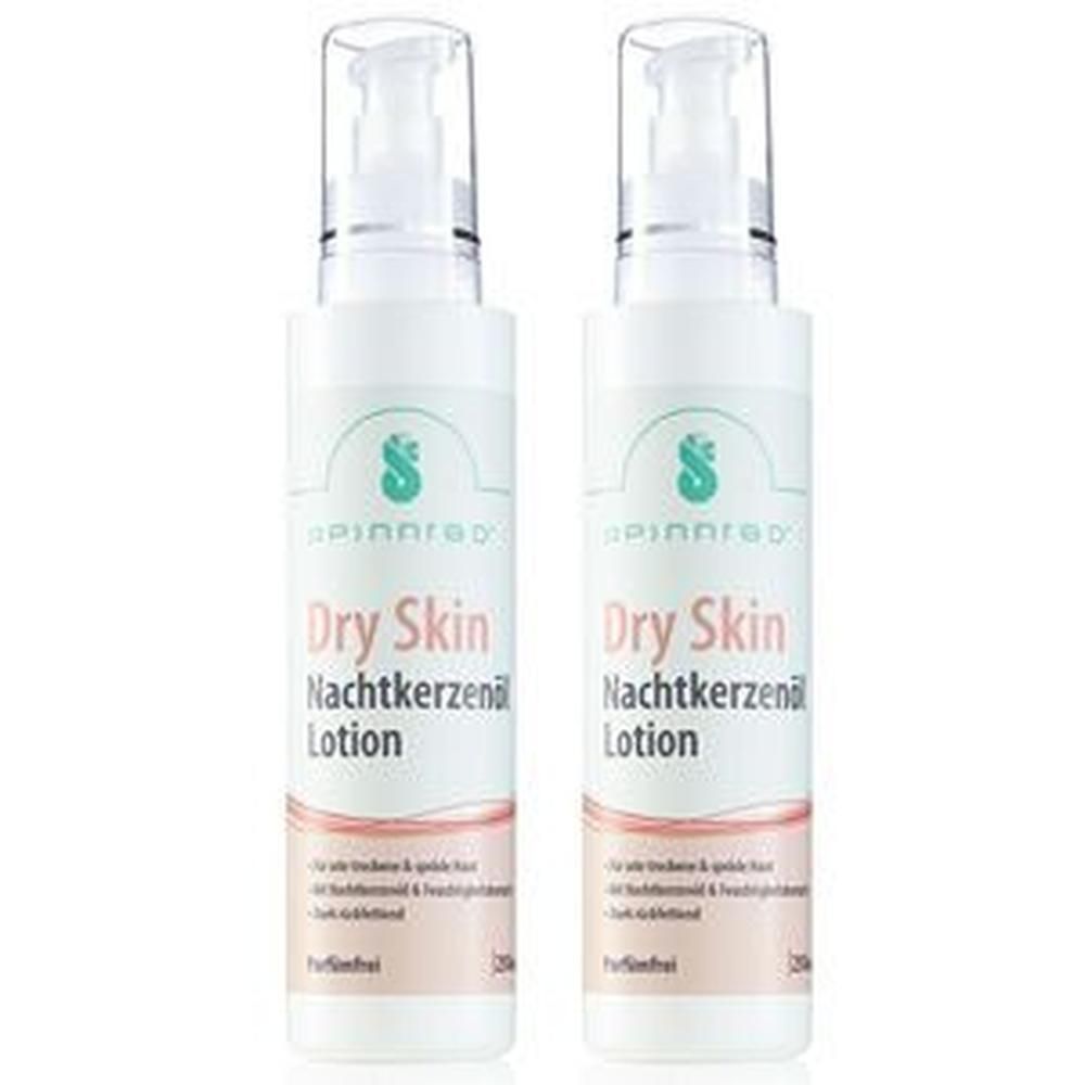 Zwei weiße Lotionflaschen mit Pumpaufsatz. Aufschrift: Dry Skin Nachtkerzenöl Lotion. Logo: Spinnrad.