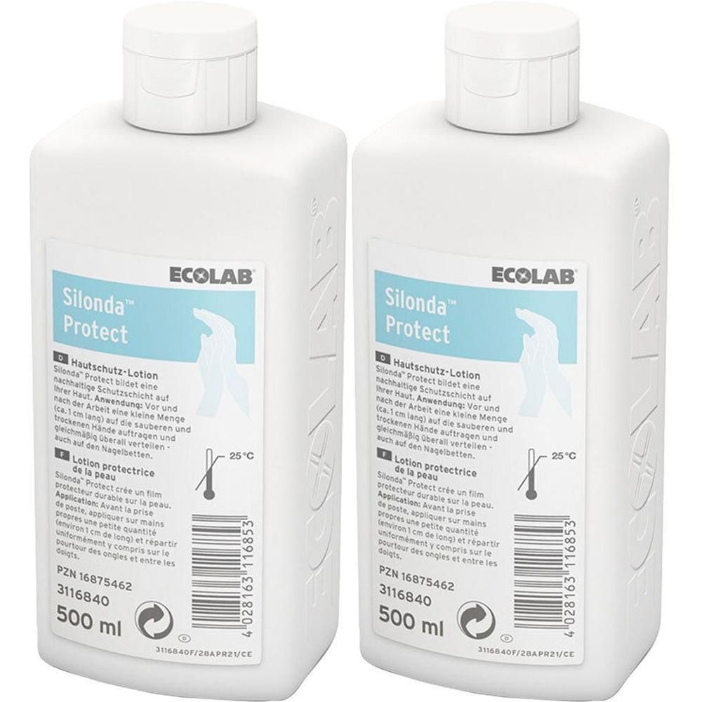 Zwei weiße Flaschen SILONDA Protect Hautschutzlotion. Auf jeder Flasche befindet sich ein Etikett mit Produktinformationen und dem ECOLAB-Logo.