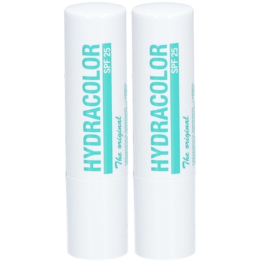 Zwei weiße Lippenpflegestifte mit türkisfarbener Schrift. Aufschrift: HYDRACOLOR SPF 25. Darunter: The original.