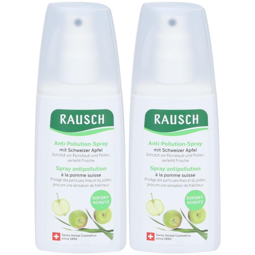 Zwei weiße Sprühflaschen mit grünen Etiketten. Aufschrift: RAUSCH Anti-Pollution-Spray. Abbildung von Äpfeln. Sofort Schutz.