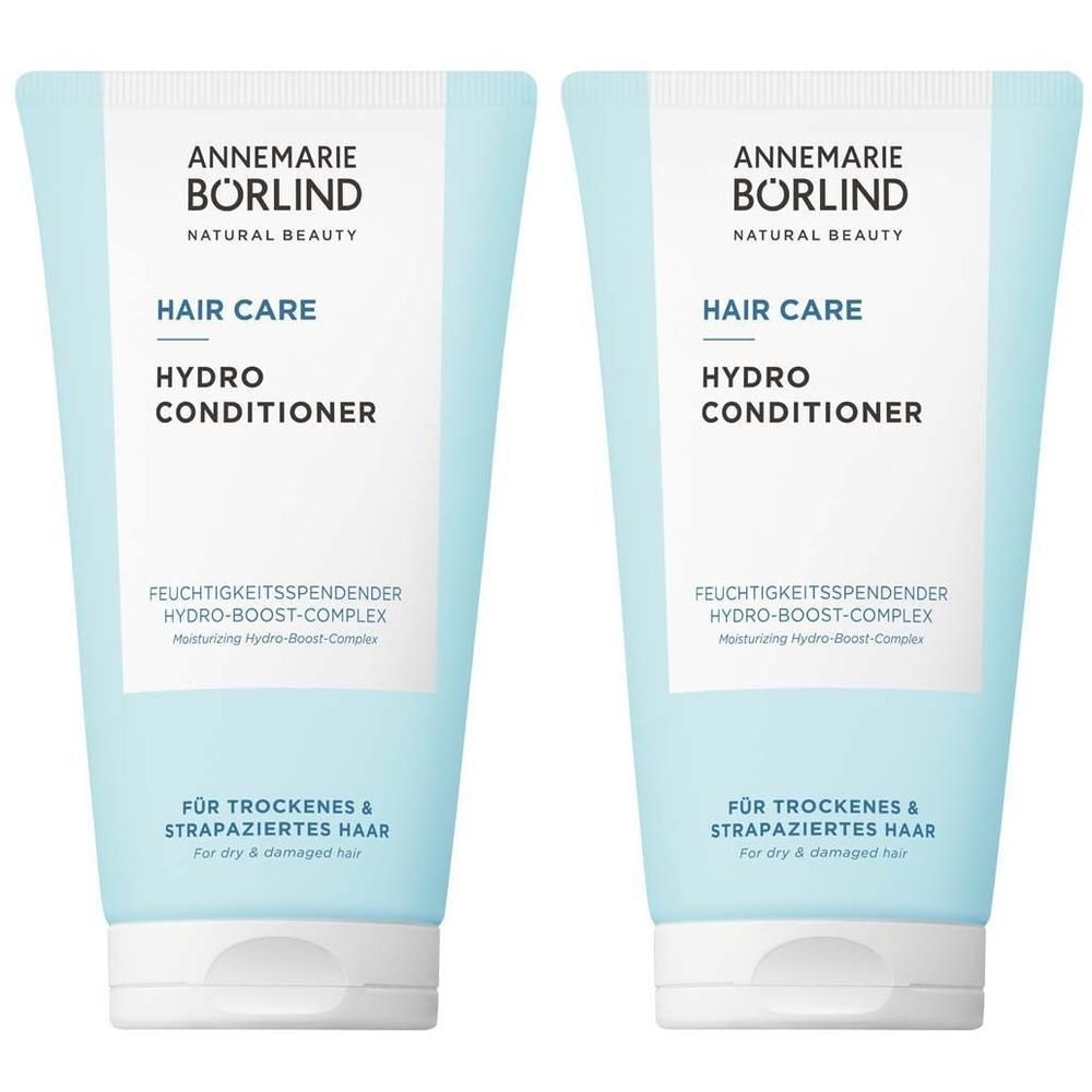 Zwei blaue Tuben BÖRLIND Hydro Conditioner. Aufschrift: Hair Care, Hydro Conditioner, für trockenes & strapaziertes Haar.