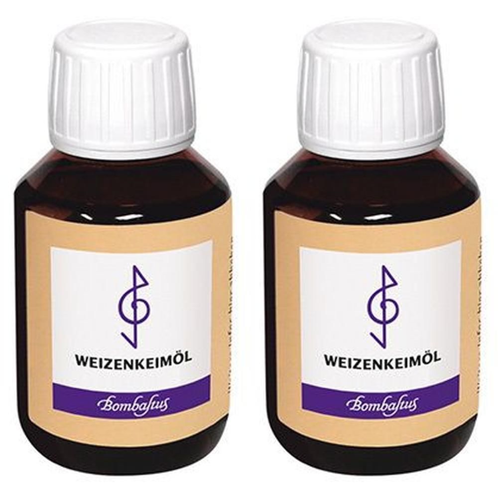 Zwei braune Flaschen mit weißem Deckel. Auf dem Etikett steht "Weizenkeimöl" und "Bombastus".