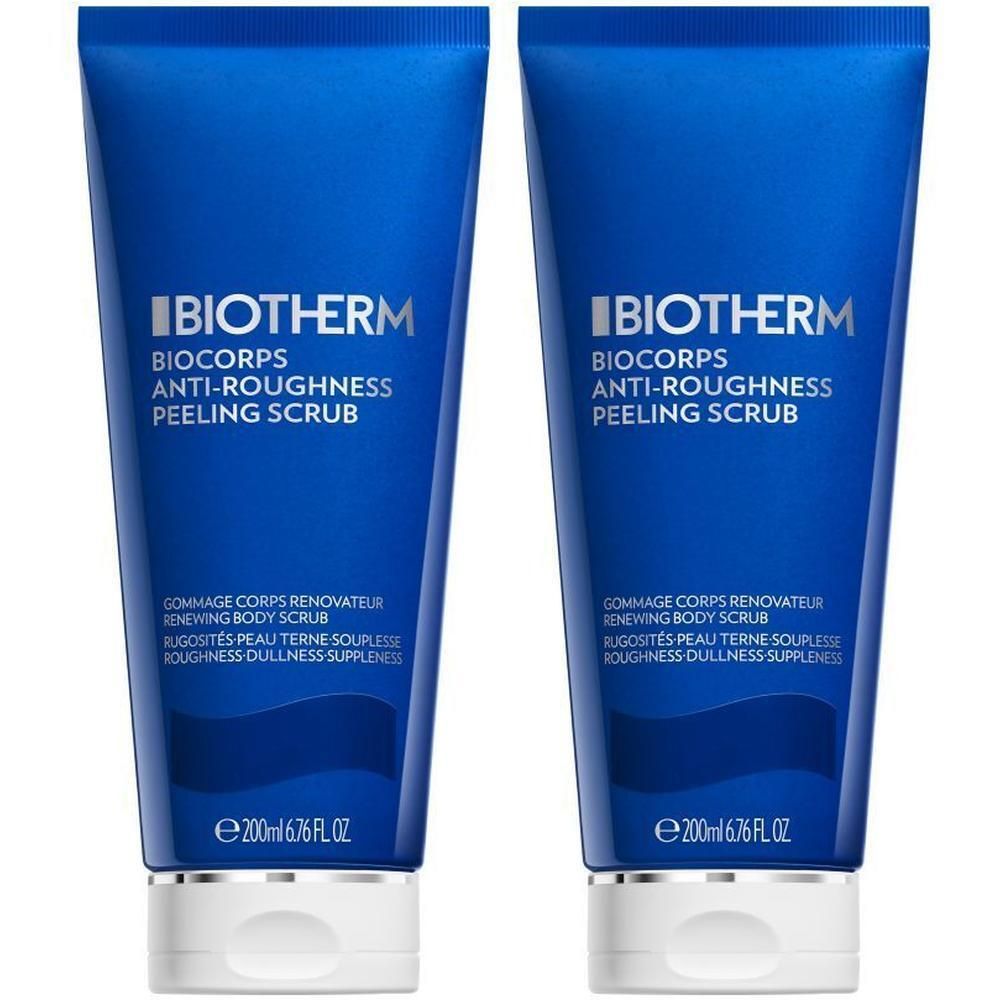 Zwei blaue Tuben BIOTHERM Biocorps Anti-Roughness Peeling Scrub. Weiße Schrift und Verschlusskappen.