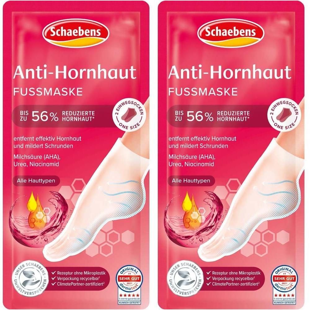 Zwei Schaebens Anti-Hornhaut Fußmasken-Verpackungen. Rote Verpackung mit Produktabbildung und Text. Enthält Fußmasken.