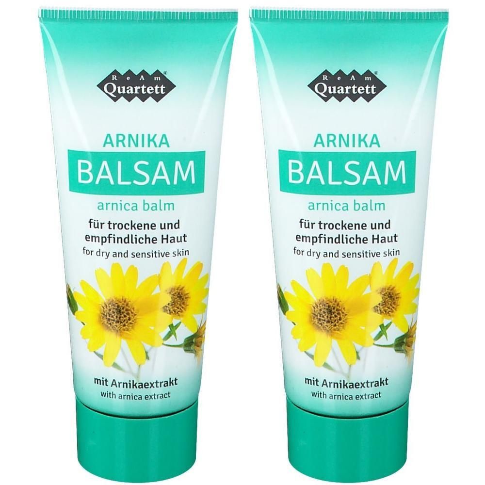 Zwei Tuben ReAm® Quartett Arnika Balsam. Weiß-türkise Verpackung mit Produktnamen und Sonnenblumen-Illustration. Text: Arnika Balsam, für trockene Haut.