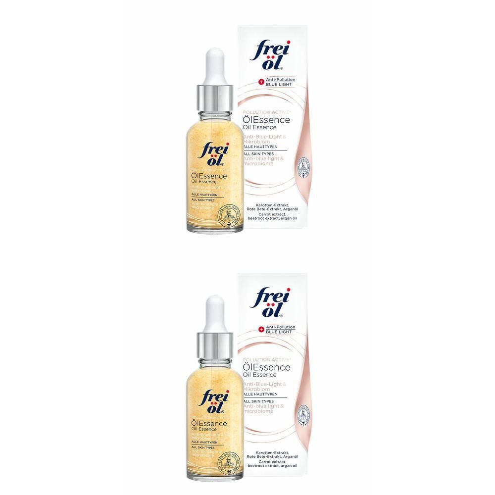 Zwei Flaschen frei öl® Öl Essence mit Verpackung. Glasflaschen mit Pipette, gelbe Flüssigkeit. Verpackung mit Produktnamen und Logo.