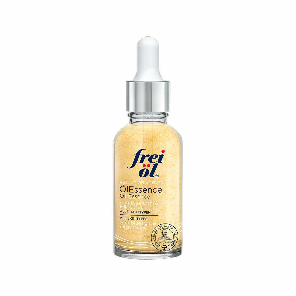 Frei öl® Öl Essence Flasche. Glasflasche mit Pipette, gelbe Flüssigkeit. Produktname und Logo auf dem Etikett.