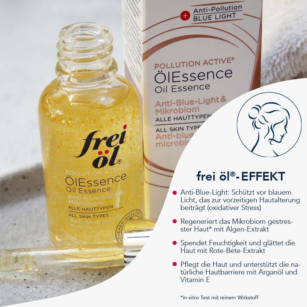 Frei öl® Öl Essence Flasche und Verpackung. Flasche mit Pipette, gelbe Flüssigkeit. Verpackung mit Produktnamen und Logo. Text über Inhaltsstoffe.