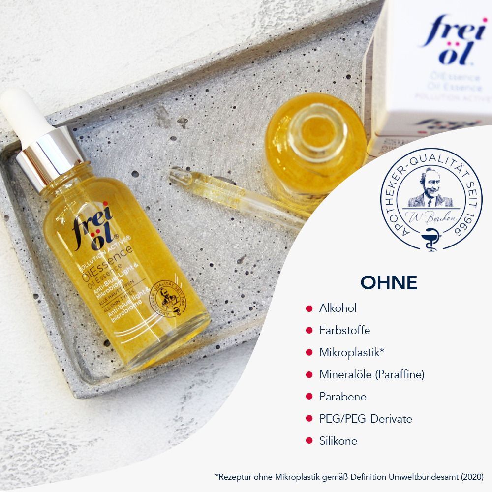 Frei öl® Öl Essence Flasche auf Tablett. Produktname und Logo. Text über Inhaltsstoffe: Alkohol-, Farb-, Mikroplastikfrei etc.