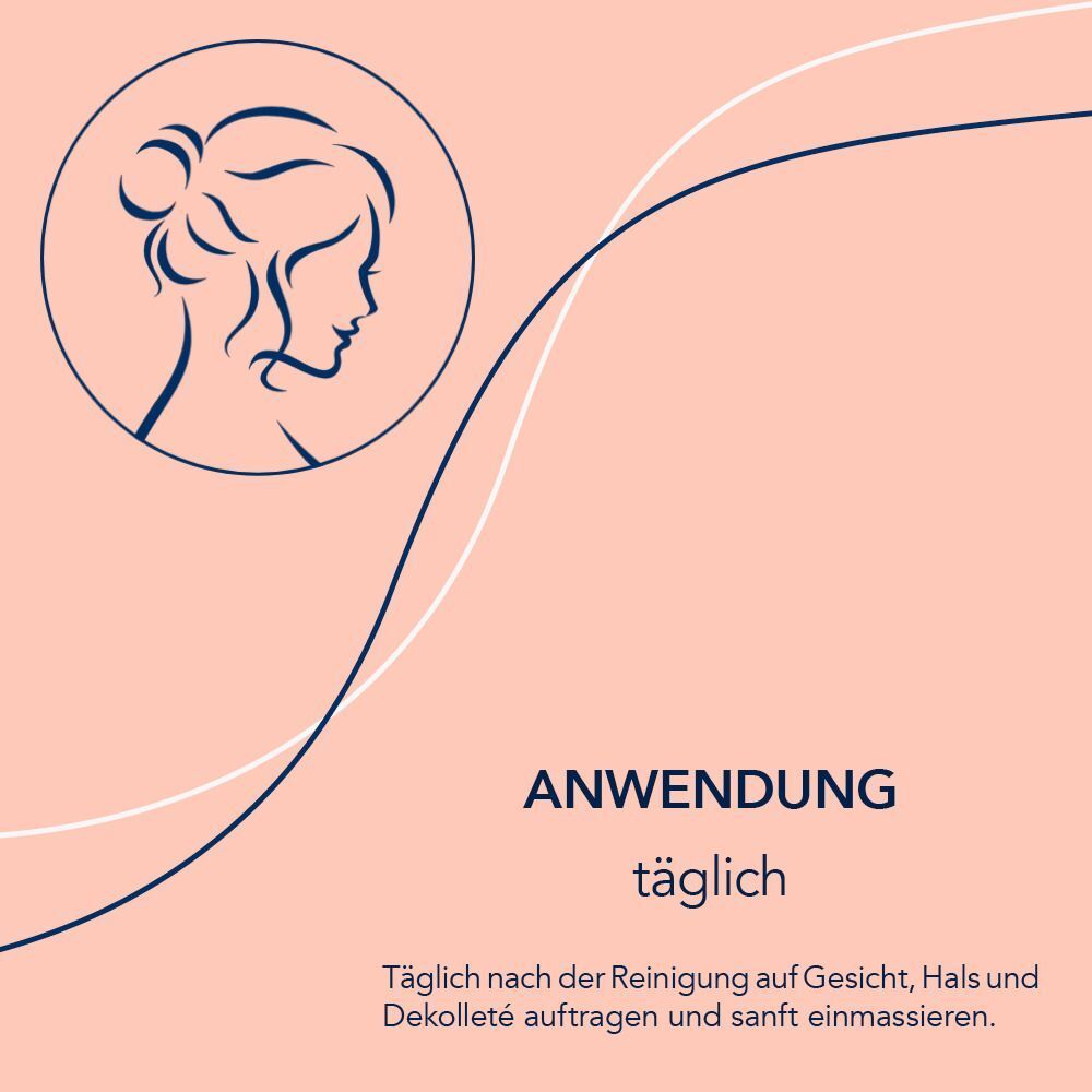Anwendung von frei öl® Öl Essence. Illustration eines Gesichts. Text: Täglich nach der Reinigung auf Gesicht, Hals und Dekolleté auftragen.